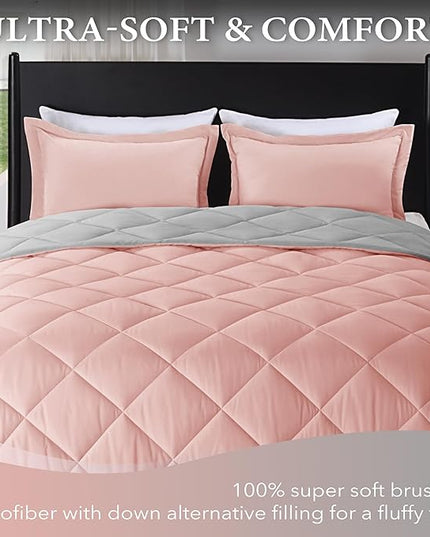 downluxe Queen Comforter Set - Pink and Grey Queen Comforter, Soft Bedding Sets for All Seasons - 3 Pieces - 1 Comforter (88"x92") and 2 Pillow Shams(20"x26") - LeafyLoom