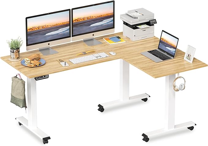FEZIBO Triple Motor L-Shaped Electric Standing Desk, 63 Inches Height Adjustable Stand up Corner Desk, Sit Stand Workstation with Splice Board, White Frame/Natural Top - LeafyLoom