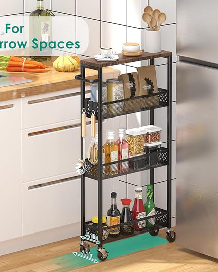 Slim Storage Cart 4 Tier Narrow Kitchen Rolling Cart on Wheels for Small Space, Mobile Utility Cart Shelving Unit with Wooden Top and Metal Handle for Kitchen, Bathroom, Laundry Room - LeafyLoom