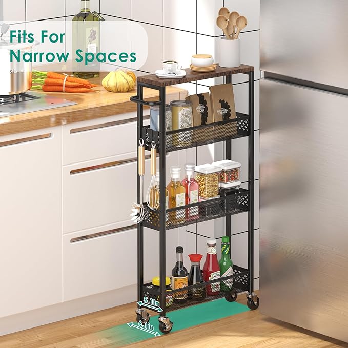 Slim Storage Cart 4 Tier Narrow Kitchen Rolling Cart on Wheels for Small Space, Mobile Utility Cart Shelving Unit with Wooden Top and Metal Handle for Kitchen, Bathroom, Laundry Room - LeafyLoom