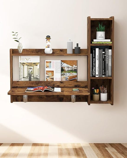 Pmnianhua Farmhouse Floating Desk,41''Wall Mounted Desk,L Shaped Folding Table,Fold Down Laptop Computer Table with Storage for Wall Bedroom Small Space (Rustic Brown-Right) - LeafyLoom