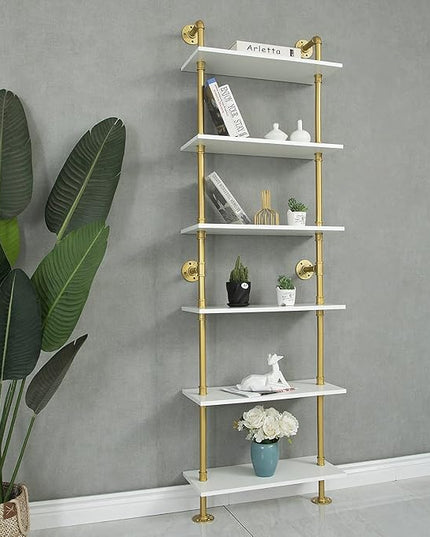 6 Tier Gold Bookshelf, White and Gold Shelves, Modern Shelves Shelf Bookcase Metal Mid Century Open Industrial Wall Mount Accents Decor Retail Shelving Vertical for Living Room - LeafyLoom
