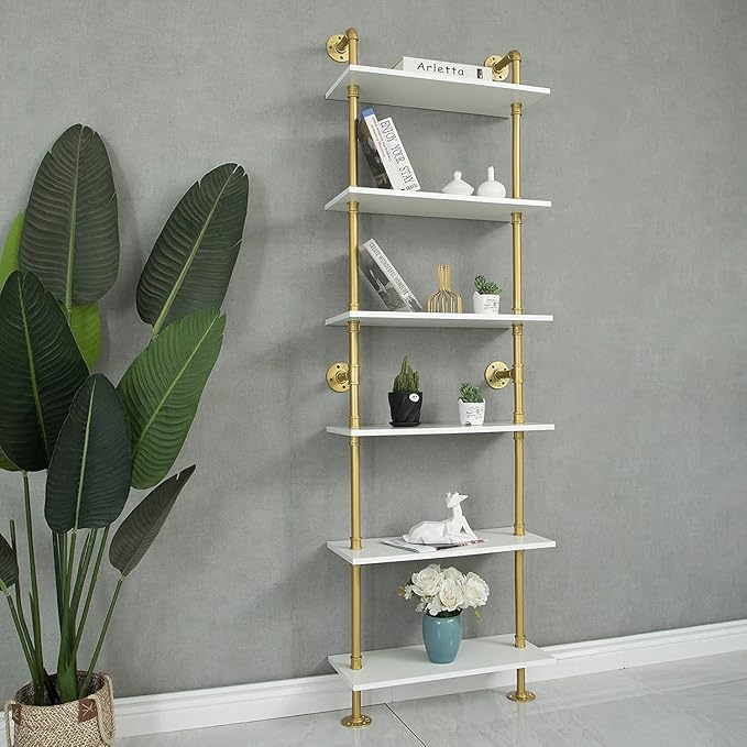 6 Tier Gold Bookshelf, White and Gold Shelves, Modern Shelves Shelf Bookcase Metal Mid Century Open Industrial Wall Mount Accents Decor Retail Shelving Vertical for Living Room - LeafyLoom