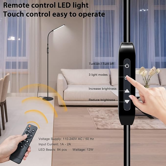 Bright LED Floor Lamp for Eyelash Extensions Adjustable Gooseneck Standing Eyelash Light Dimmable lash LED Lamp for Facial Spa Salon Makeup Reading Floor Lamp for Bedroom Office Black - LeafyLoom