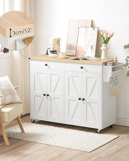 HOOBRO 43.3 Inch Kitchen Island with Charging Station, Rolling Kitchen Island with Storage, Kitchen Island Cart with Spice Rack and Hooks, for Kitchen, Living Room, White and Natural WN11UZD01 - LeafyLoom