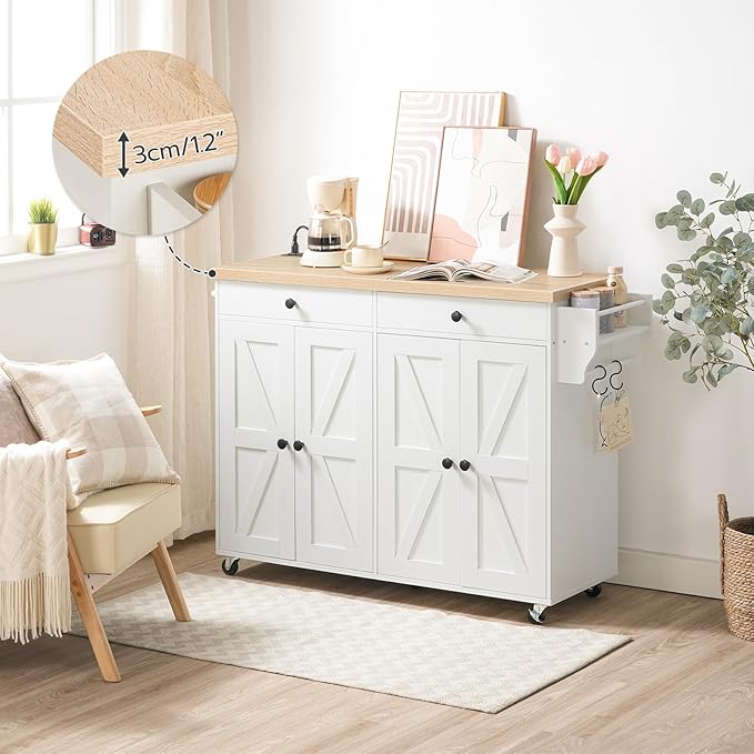 HOOBRO 43.3 Inch Kitchen Island with Charging Station, Rolling Kitchen Island with Storage, Kitchen Island Cart with Spice Rack and Hooks, for Kitchen, Living Room, White and Natural WN11UZD01 - LeafyLoom