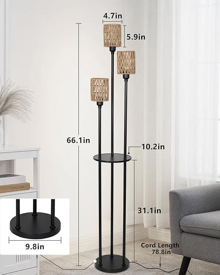 Dimmable Boho Floor Lamps for Living Room, 3-Lights Farmhouse Floor Lamp with 3-Way Foot Switch, Rattan Floor Lamp with Shelves, Rustic Standing Lamp with Rattan Shades, Tall Lamps for Bedroom - LeafyLoom
