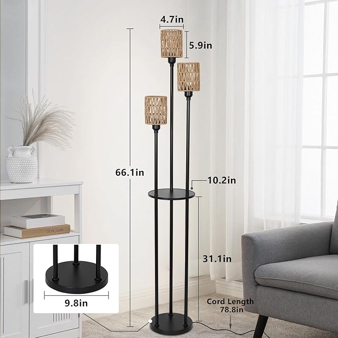 Dimmable Boho Floor Lamps for Living Room, 3-Lights Farmhouse Floor Lamp with 3-Way Foot Switch, Rattan Floor Lamp with Shelves, Rustic Standing Lamp with Rattan Shades, Tall Lamps for Bedroom - LeafyLoom