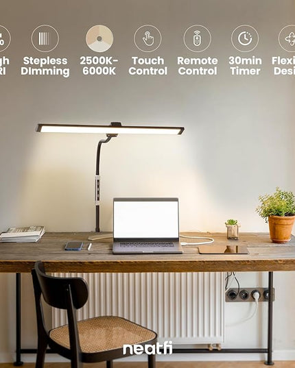 Neatfi Modern Desk Lamp with Clamp, Touch & Remote Controlled, 15W, Adjustable Color Temperature (3000K-6000K), Stepless Dimming, Flicker-Free, Wide-Angle Lighting for Home (Gooseneck, Black) - LeafyLoom
