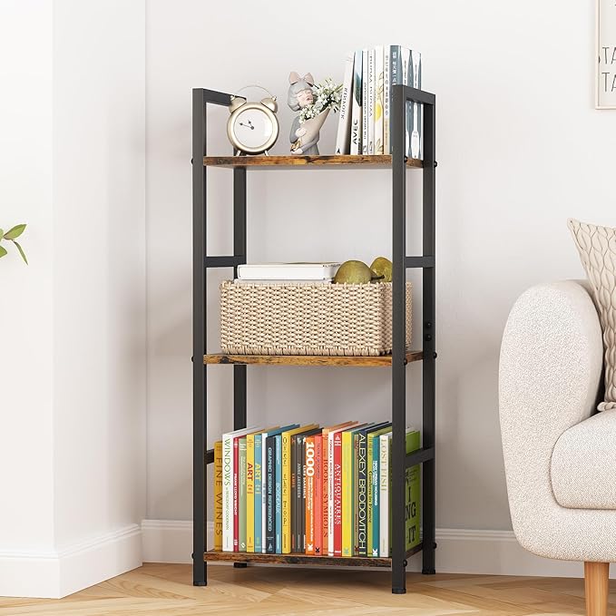 Bookshelf Storage Shelf Bookcase, 3 Tier Industrial Bookcase,Small Book case for Living Room, Bedroom, and Home Office, Easy Assembly Free Combination Multi-Functional Organizer(3 Tier,Rustic Brown) - LeafyLoom