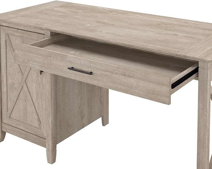 Bush Furniture Key West Computer Desk with Storage | Farmhouse PC Table for Home Office in Washed Gray | 54W x 24D - LeafyLoom
