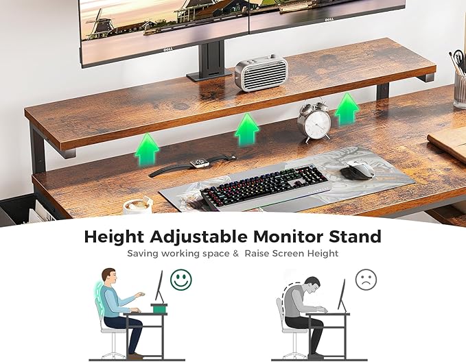 KKL 48 inch Small Computer Desk with Adjustable Monitor Stand, Home Office Desk & Workstation with Storage Shelves, Reversible Work Writing Study Table for Bedroom, Rustic Brown - LeafyLoom
