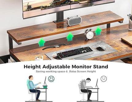 KKL 40 inch Small Computer Desk with Adjustable Monitor Stand, Home Office Desk & Workstation with Storage Shelves, Reversible Work Writing Study Table for Bedroom, Rustic Brown - LeafyLoom