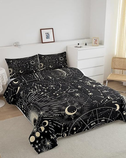 Feelyou Sun and Moon Comforter Set Boho Exotic Bedding Set Galaxy Astrology Comforter for Boys Girls Children Teens Bedroom Decor Chic Cute Luxury Zodiac Signs Duvet Set Queen Size Quilt Set - LeafyLoom