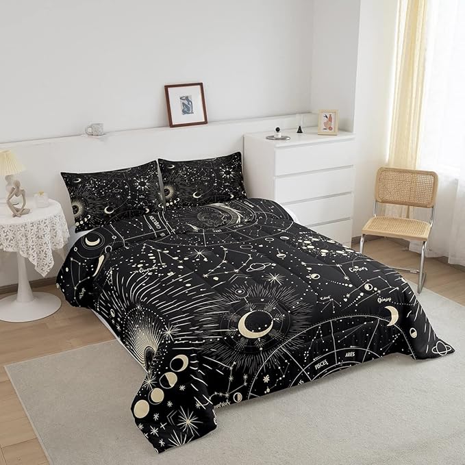Feelyou Sun and Moon Comforter Set Boho Exotic Bedding Set Galaxy Astrology Comforter for Boys Girls Children Teens Bedroom Decor Chic Cute Luxury Zodiac Signs Duvet Set Queen Size Quilt Set - LeafyLoom