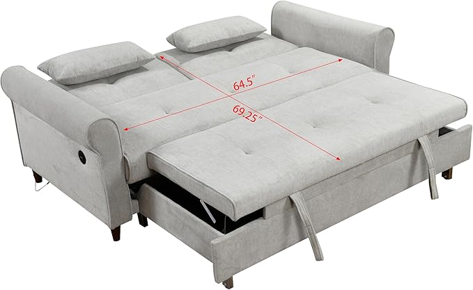 Queen Size Loveseat Sleeper Sofa,3 in 1 Soft Linen Upholstered Oversized Convertible Love Seat Sofabed cum Daybed W/Pull Out Sleep Couch Bed and USB Charging Ports for Living Space, 77.5", Grey - LeafyLoom