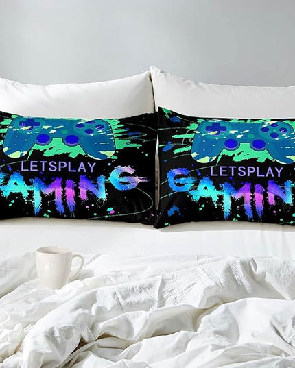 Game Comforter Set Video Gaming Bedding Sets Gamer Room Decor Queen Size Colorful Black Gamepad Soft Game Bedding Set for Boys Teen 1 Comforter and 2 Pillowcases - LeafyLoom