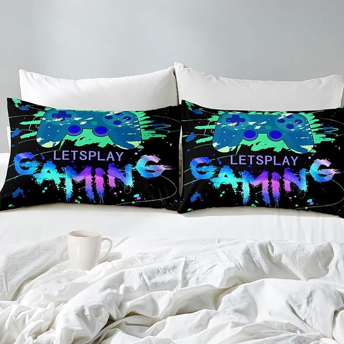 Game Comforter Set Video Gaming Bedding Sets Gamer Room Decor Queen Size Colorful Black Gamepad Soft Game Bedding Set for Boys Teen 1 Comforter and 2 Pillowcases - LeafyLoom
