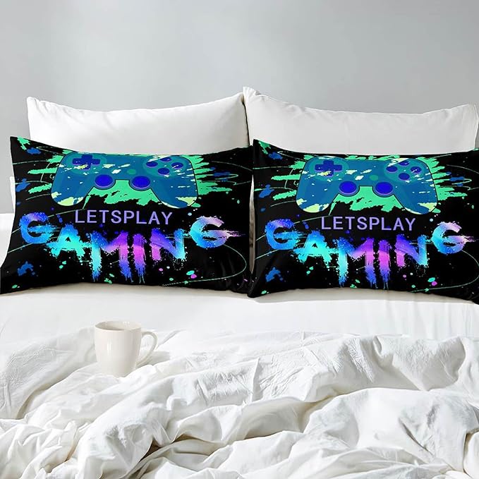 Game Comforter Set Fluffy Video Gaming Bedding Sets Gamer Room Decor Twin Size Colorful Black Gamepad Soft Game Bedding Set for Boys Teen 1 Comforter and 1 Pillowcase - LeafyLoom