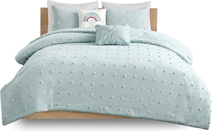 Callie Cotton Jacquard Weave Colorful Pom Pom Kids Comforter sets, Down Alternative Shabby Chic All Season Girls Bedding, Bedroom Decor, Twin/Twin XL, Aqua 4 Piece - LeafyLoom