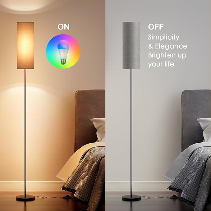 Floor Lamps for Living Room, Modern Floor Lamp with RGB LEDs Bulb,Dimmable Floor Lamp with App Control & Remote Control,Tall Reading Lamp for Bedroom, Living Room, Office,Gray Lampshade - LeafyLoom