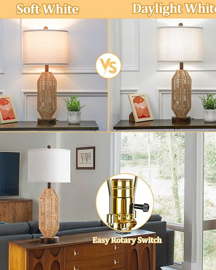 27.5” Tall Rattan Table lamps Set of 2, Wicker Lamps with USB C+A Ports, Farmhouse Boho Bedside Lamps with Linen Lampshade, Rotary Switch Nightstand Lamps for Bedroom Living Room A19 LED Bulb Included - LeafyLoom