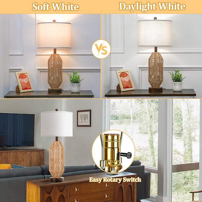 27.5” Tall Rattan Table lamps Set of 2, Wicker Lamps with USB C+A Ports, Farmhouse Boho Bedside Lamps with Linen Lampshade, Rotary Switch Nightstand Lamps for Bedroom Living Room A19 LED Bulb Included - LeafyLoom