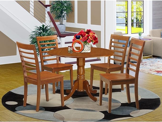 East West Furniture DLML5-SBR-W 5 Piece Kitchen Set Includes a Round Table with Dropleaf and 4 Dining Room Chairs, 42x42 Inch - LeafyLoom