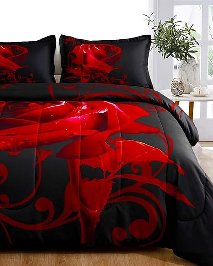 Red Comforter Set Full Reversible Red Rose Pattern Printed Bedding Down Comforter with 2 Pillowcases for All Seasons, Soft Microfiber Lightweight Bedding Set,Full(80"x90") - LeafyLoom