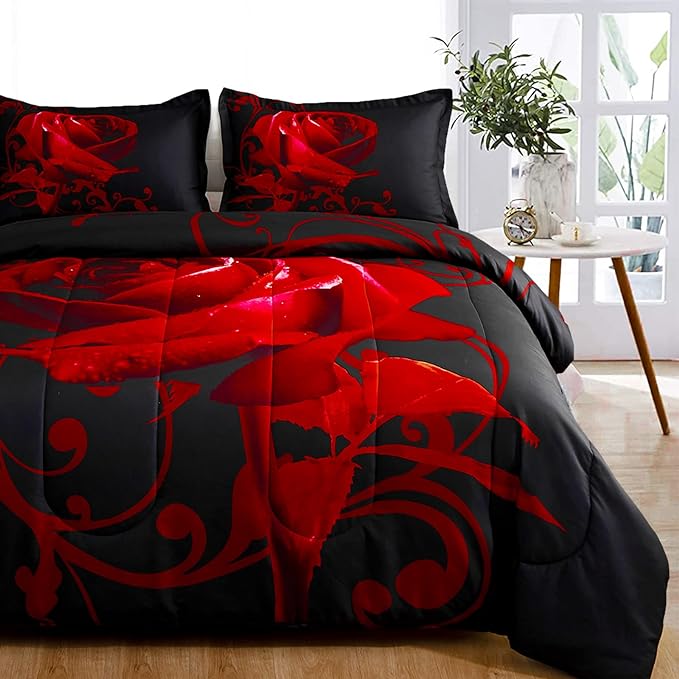 Red Comforter Set Full Reversible Red Rose Pattern Printed Bedding Down Comforter with 2 Pillowcases for All Seasons, Soft Microfiber Lightweight Bedding Set,Full(80"x90") - LeafyLoom