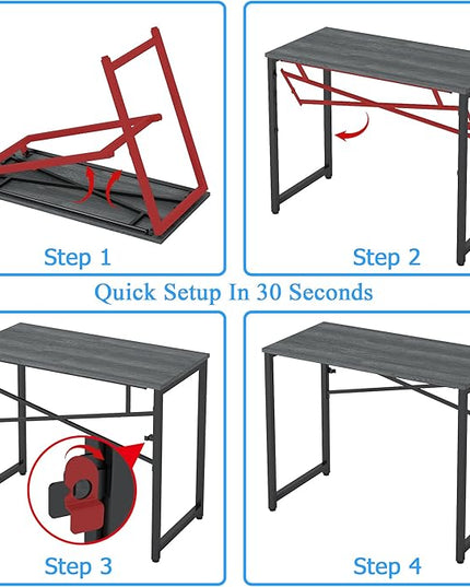 39 Inch Foldable Computer Desk, Folding Space-Saving Home Office Table, Study Writing Gaming Workstation for Small Space, No Assembly Needed,Grey Oak - LeafyLoom