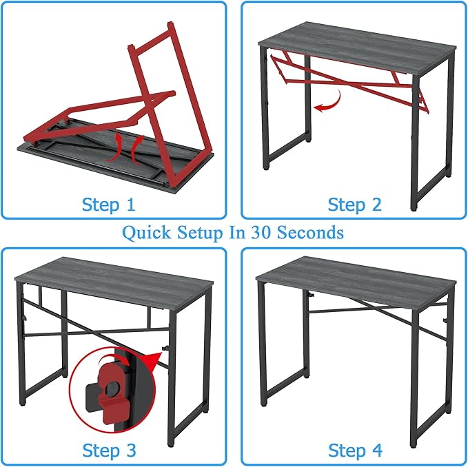 39 Inch Foldable Computer Desk, Folding Space-Saving Home Office Table, Study Writing Gaming Workstation for Small Space, No Assembly Needed,Grey Oak - LeafyLoom