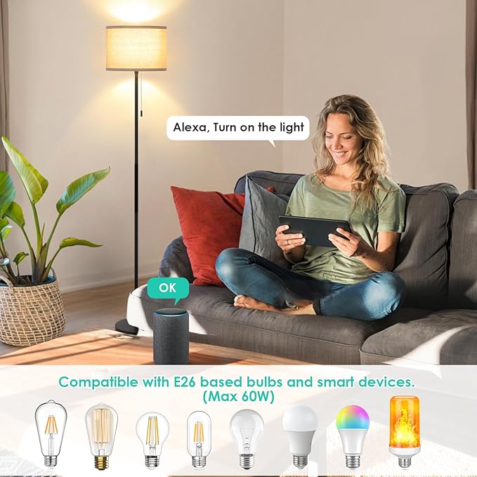 FOLKSMATE Floor Lamp for Living Room, LED Modern Simple Standing Lamps, Tall Lamp for Bedroom, Kid, Office, Reading Room Black Pole Light without Bulb - LeafyLoom