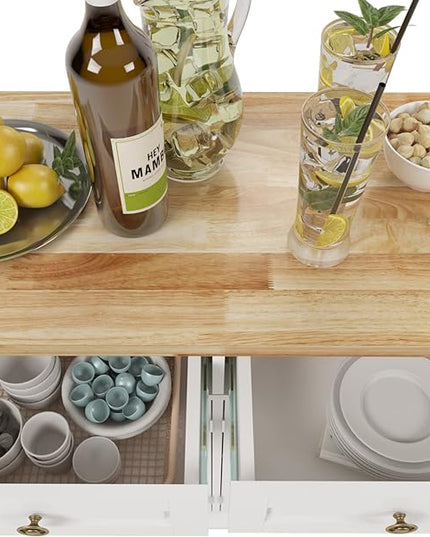 soges Rolling Kitchen Island Cart with Storage, Wood Trolley Cart with Spice and Towel Rack, Mobile Kitchen Storage Cabinet Island Table on Wheels, Serving Cart with Cabinet and Drawers,FZSR-HT01WT - LeafyLoom
