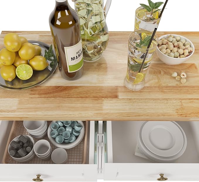 soges Rolling Kitchen Island Cart with Storage, Wood Trolley Cart with Spice and Towel Rack, Mobile Kitchen Storage Cabinet Island Table on Wheels, Serving Cart with Cabinet and Drawers,FZSR-HT01WT - LeafyLoom