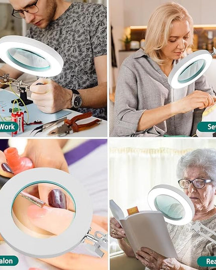 YOUKOYI LED Magnifying Lamp Metal Swing Arm Magnifier Lamp -10 Levels Brightness, 3 Color Modes, 5X Magnification, 4.1" Diameter Glass Lens, Adjustable Industrial Clamp for Reading/Office/Work (White) - LeafyLoom
