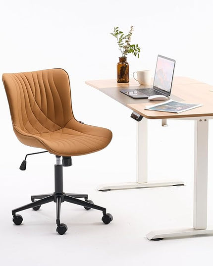YOUNIKE Office Chair, Armless Desk Chair with Wheels, Home Office Computer Task Chairs, Modern Faux Leather Upholstered Vanity Chair, Adjustable Swivel Rocking Chair with Back, Saffron Tan - LeafyLoom
