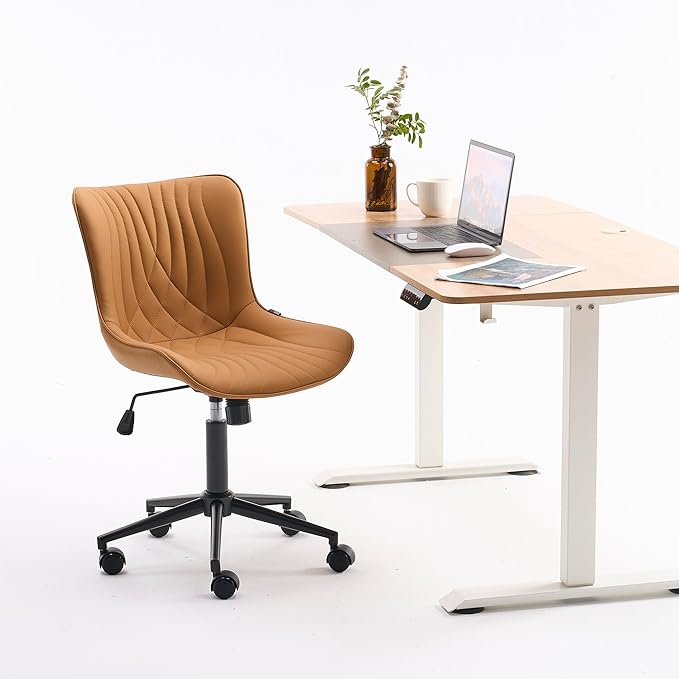 YOUNIKE Office Chair, Armless Desk Chair with Wheels, Home Office Computer Task Chairs, Modern Faux Leather Upholstered Vanity Chair, Adjustable Swivel Rocking Chair with Back, Saffron Tan - LeafyLoom