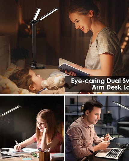 Double Head LED Desk Lamp with USB Charging - 5 Color Modes, Memory Function - Ideal for Home Office Desk Lamp, Multi-Angle Adjustable and Foldable Design Table Lamp- Black - LeafyLoom