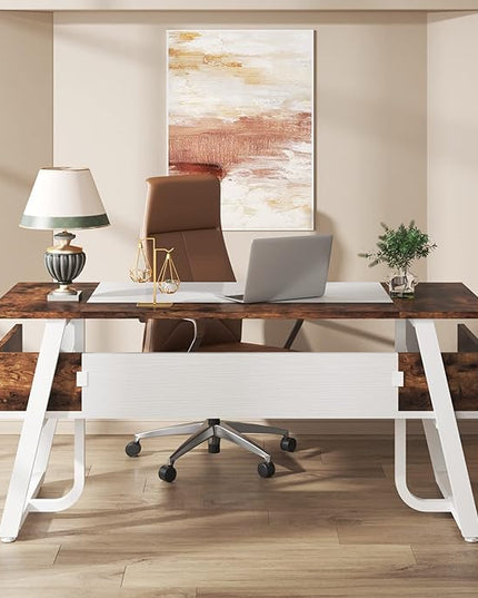 Tribesigns Office Executive Desk, 63 inch Large Computer Desk Writing Desk with Storage Shelf, Modern Simple Workstation Business Furniture for Home Office, White Rustic Brown - LeafyLoom
