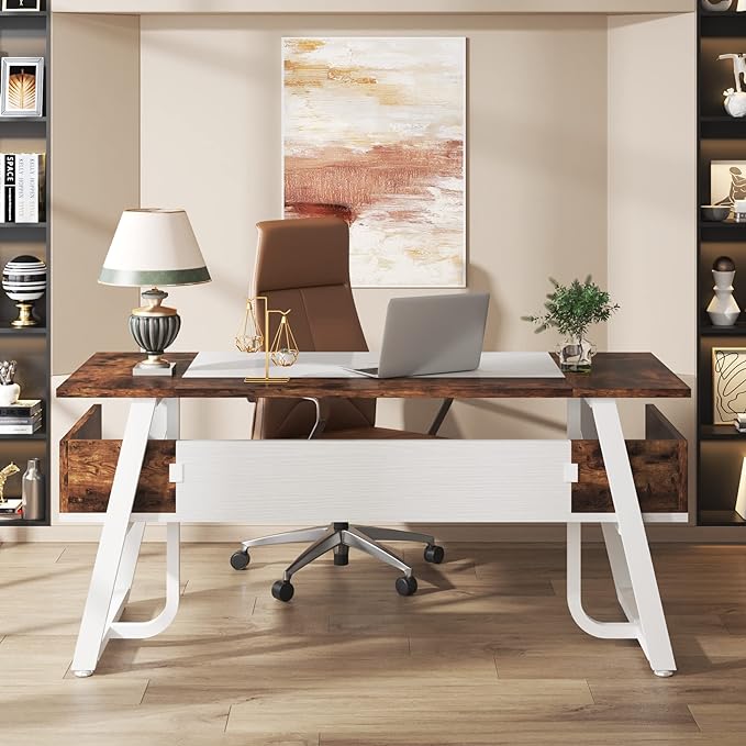 Tribesigns Office Executive Desk, 63 inch Large Computer Desk Writing Desk with Storage Shelf, Modern Simple Workstation Business Furniture for Home Office, White Rustic Brown - LeafyLoom