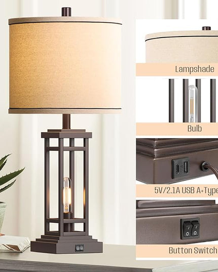 27.5 Tall Farmhouse Table Lamps with USB C + USB A Charge Ports, Rustic Living Room Lamps Set of 2, Black Industrial End Table Lamp for Bedroom Living Room Nightstand - LeafyLoom