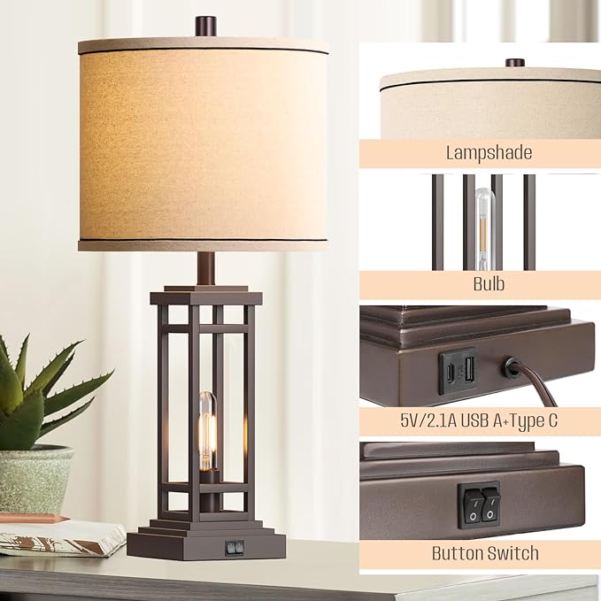 27.5 Tall Farmhouse Table Lamps with USB C + USB A Charge Ports, Rustic Living Room Lamps Set of 2, Black Industrial End Table Lamp for Bedroom Living Room Nightstand - LeafyLoom