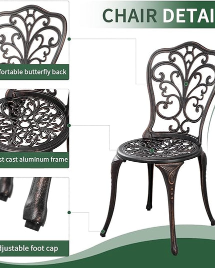 Outdoor Bistro Set 3 Piece Patio Bistro Set with Umbrella Hole, Weather Resistant Bistro Table and Chairs Set of 2 for Porch Garden, Bronze - LeafyLoom
