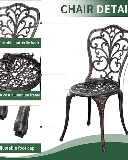 3 Piece Patio Set Metal Bistro Set,Cast Aluminum Outdoor Bistro Table and Chairs Set of 2 with Umbrella Hole,All Weather Patio Bistro Sets for Front Porch Set Garden,Backyard(Bronze) - LeafyLoom