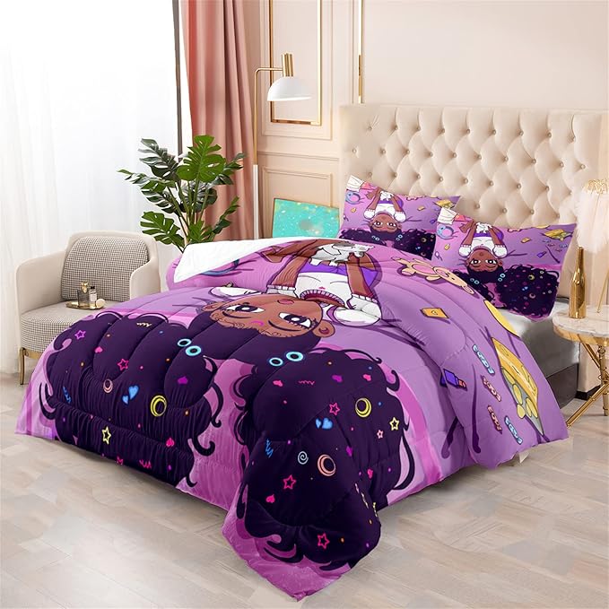 Girls Black Girls Comforter Sets for Teen Kids Adults African American Queen Size African American Girl Comforter Set for Girls Bedroom Cute Black Girls Bedding Set 1 Comforter 2 Pillowcases - LeafyLoom
