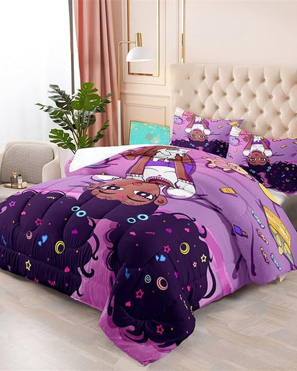 Pink Black Girl Comforter Sets for Girls, Soft African American Girls Full Size Comforter Sets for Girls Teens, 3Pcs Little Fluffy Afro Gilr Comforter Bedding Set with 2 Pillowcases, Full Size - LeafyLoom