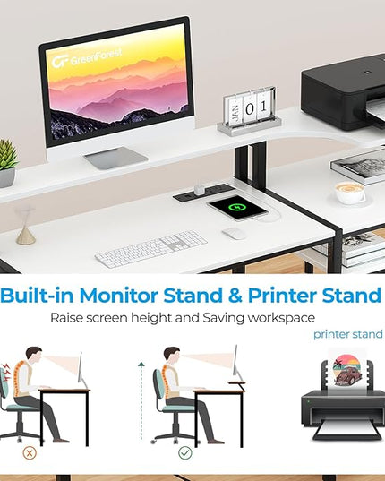 GreenForest 55 inch Computer Desk with Drawers and Outlets, Home Office Desk with Storage and Printer Shelf, Work Desk with Fabric File Drawer, Study Desk with Monitor Stand, Computer Table, White - LeafyLoom