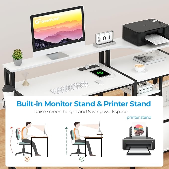 GreenForest 55 inch Computer Desk with Drawers and Outlets, Home Office Desk with Storage and Printer Shelf, Work Desk with Fabric File Drawer, Study Desk with Monitor Stand, Computer Table, White - LeafyLoom