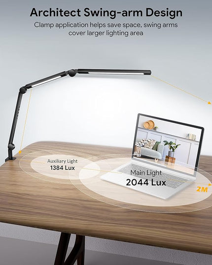 MediAcous LED Desk Lamp with Clamp, Dual Light Desk Lamp with Swing Arm, 4 Color Modes & 4 Brightness Metal Table Lamp, Eye-Caring Clip-on Lamp with Memory Function for Home Office Work Study - LeafyLoom